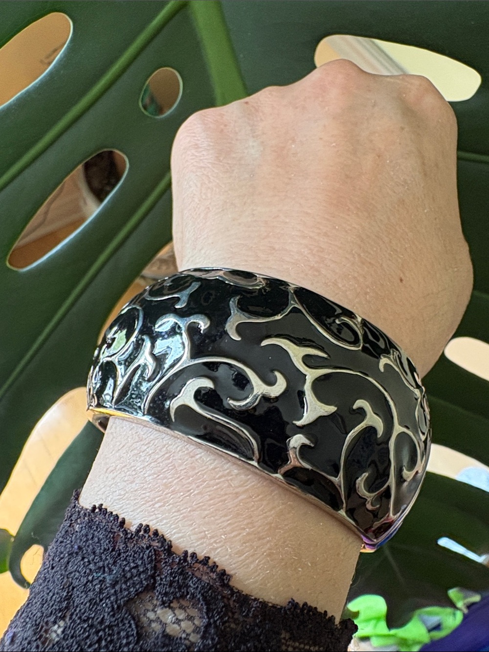 Vintage Black and Silver Enamel Bangle Bracelet/ 
Scrollwork Wide Cuff #239